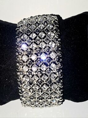 Luxury Rhinestone Statement Cuff Bracelet Silver Wide Heavy Bling Sparkle Glam